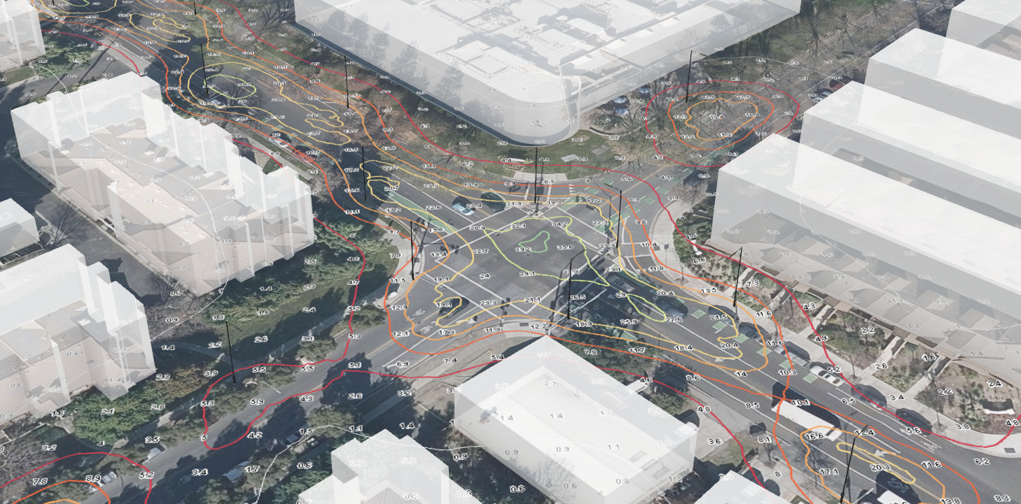 Aerial view of modelled street lighting over an urban intersection